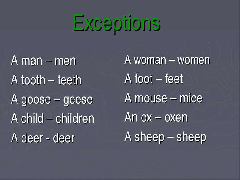Exceptions A man – men A tooth – teeth A goose – geese A child – children A d...