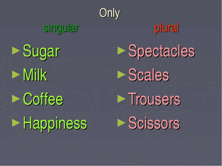 Only singular plural Sugar Milk Coffee Happiness Spectacles Scales Trousers S...