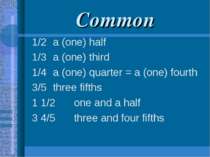 Common 1/2 a (one) half 1/3 a (one) third 1/4 a (one) quarter = a (one) fourt...