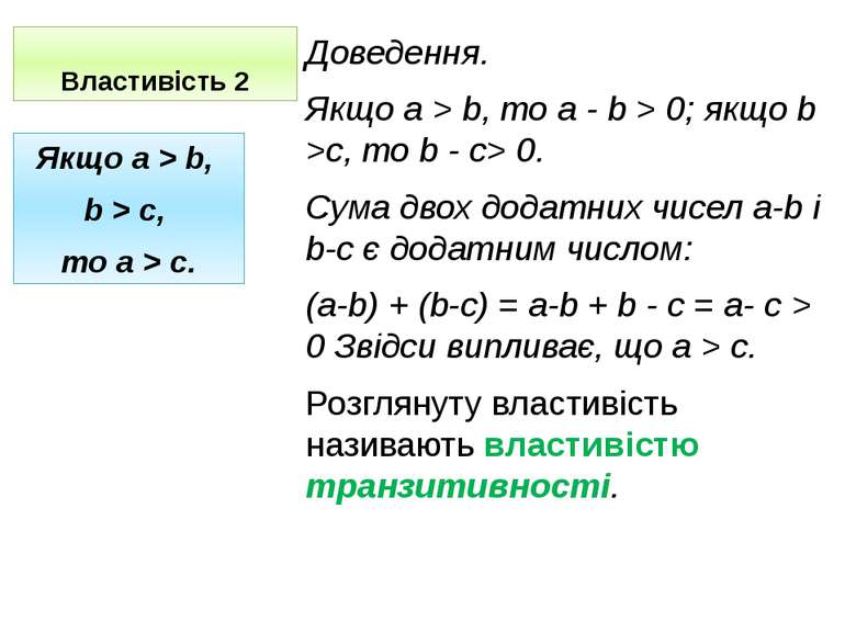 Властивість 5 Доведення. Покажемо, що ас — bс < 0. ас - bс = с(а – b); с < 0,...