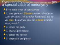 Synecdochy (Greek “take up with something else” )as a special case of metonym...