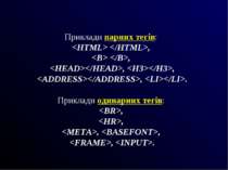 Приклади парних тегів: , , , , , . Приклади одинарних тегів: , , , , , .