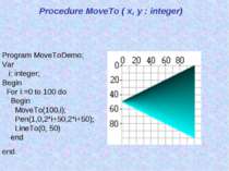 Procedure MoveTo ( x, y : integer) Program MoveToDemo; Var i: integer; Begin ...