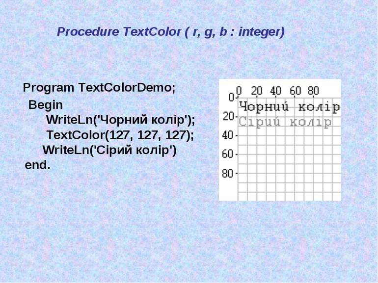 Procedure TextColor ( r, g, b : integer) Program TextColorDemo; Begin WriteLn...