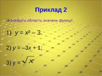 Приклад 2 Знайдіть область значень функції: 1) y = x² – 3. 2) у = –3х + 1; 3)...