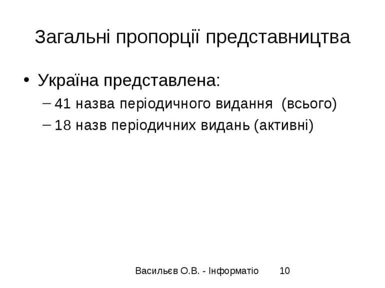 Загальні пропорції представництва Україна представлена: 41 назва періодичного...