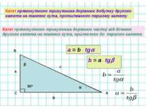 Катет прямокутного трикутника дорівнює добутку другого катета на тангенс кута...
