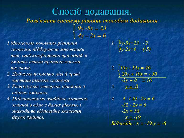 Спосіб додавання. Розв'язати систему рівнянь способом додавання 9у -5х = 23 4...
