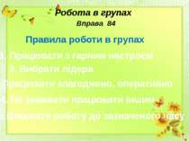 Робота в групах Правила роботи в групах 1. Працювати з гарним настроєм 2. Виб...