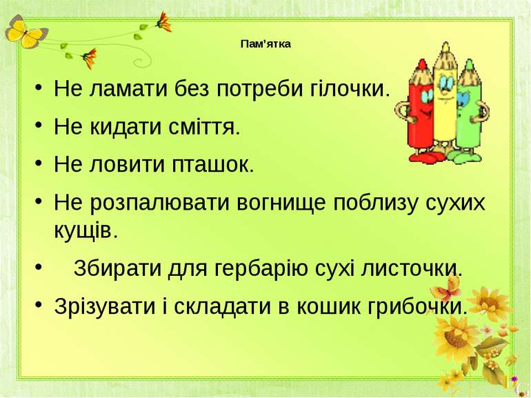 Пам’ятка Не ламати без потреби гілочки. Не кидати сміття. Не ловити пташок. Н...