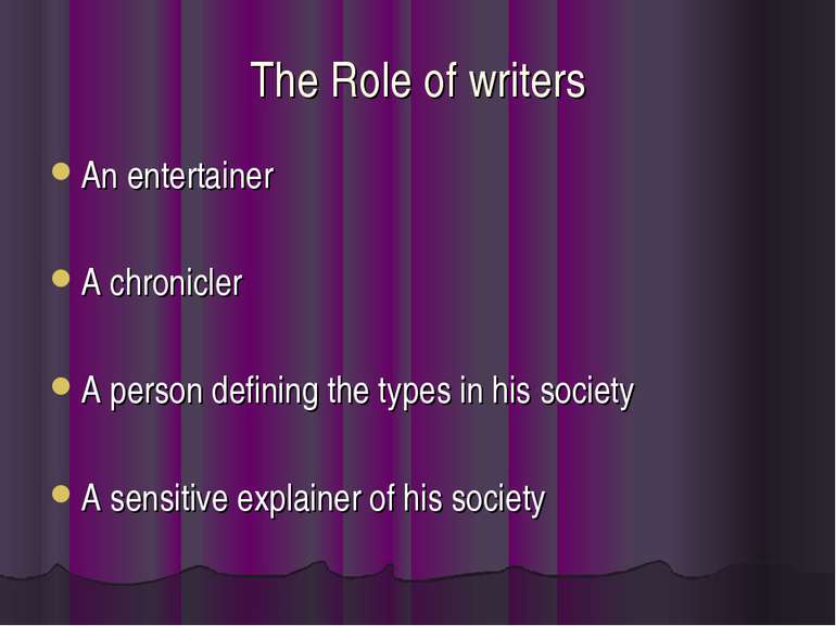 The Role of writers An entertainer A chronicler A person defining the types i...