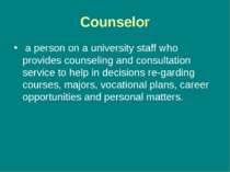 Counselor a person on a university staff who provides counseling and consulta...