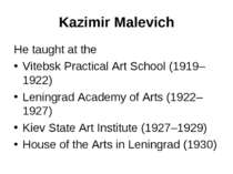 Kazimir Malevich He taught at the Vitebsk Practical Art School (1919–1922) Le...