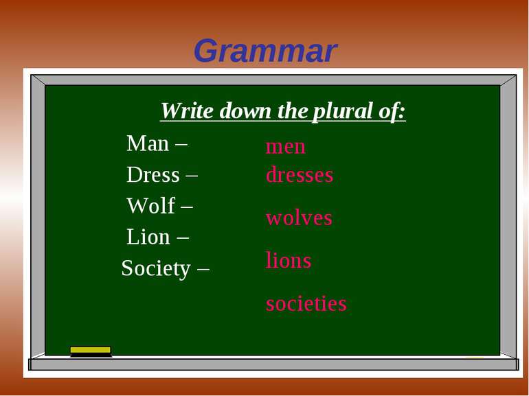 Grammar Write down the plural of: Man – Dress – Wolf – Lion – Society – men d...