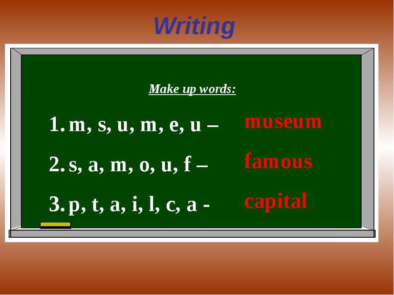 Writing Make up words: m, s, u, m, e, u – s, a, m, o, u, f – p, t, a, i, l, c...