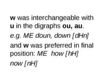 w was interchangeable with u in the digraphs ou, au. e.g. ME doun, down [dHn]...