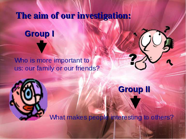The aim of our investigation: Group I Who is more important to us: our family...