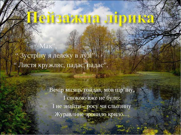 “ Мак”, “ Зустріну я лелеку в лузі” “ Листя кружляє, падає, падає”. Вечір міс...