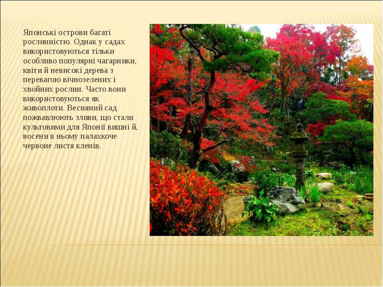 Японські острови багаті рослинністю. Однак у садах використовуються тільки ос...