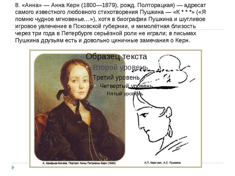 8. «Анна» - Анна Керн (1800-1879), нар. Полторацька) - адресат самого відомог...