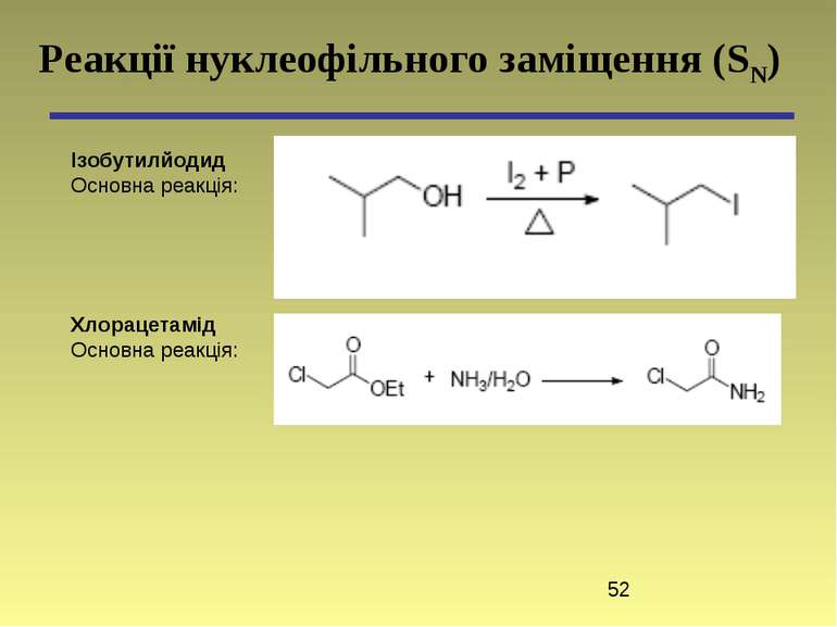 Реакції нуклеофільного заміщення (SN) Ізобутилйодид Основна реакція: Хлорацет...