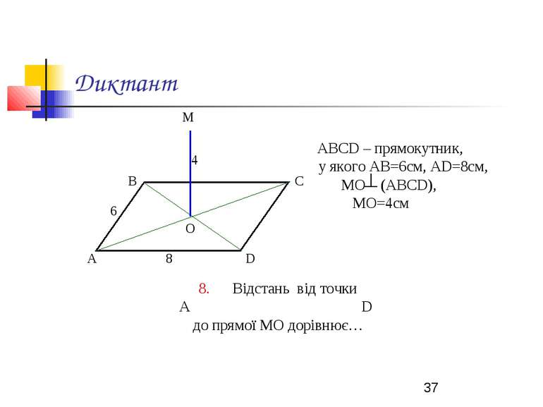 Диктант АВСD – прямокутник, у якого АВ=6см, АD=8см, МО (АВСD), МО=4см 8. Відс...