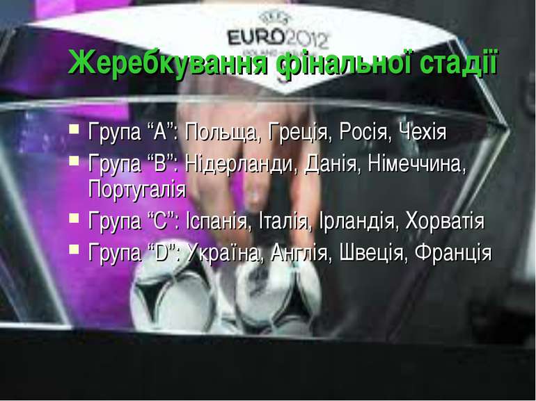 Жеребкування фінальної стадії Група “А”: Польща, Греція, Росія, Чехія Група “...