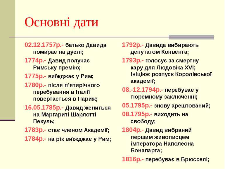 Основні дати 02.12.1757р.- батько Давида помирає на дуелі; 1774р.- Давид полу...