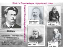 Юність Володимира, студентські роки 1886 рік Навчався В.І.Вернадський в Петер...