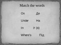 Match the words On Де Under На In У (в) Where’s Під