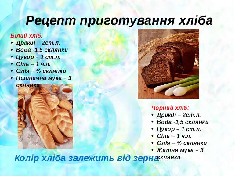 Рецепт приготування хліба Колір хліба залежить від зерна Білий хліб: Дріжді –...
