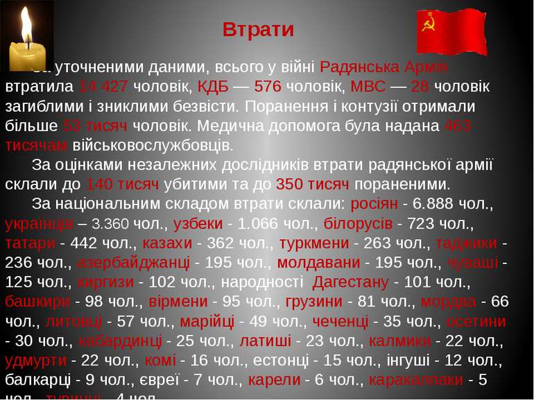 Втрати За уточненими даними, всього у війні Радянська Армія втратила 14 427 ч...