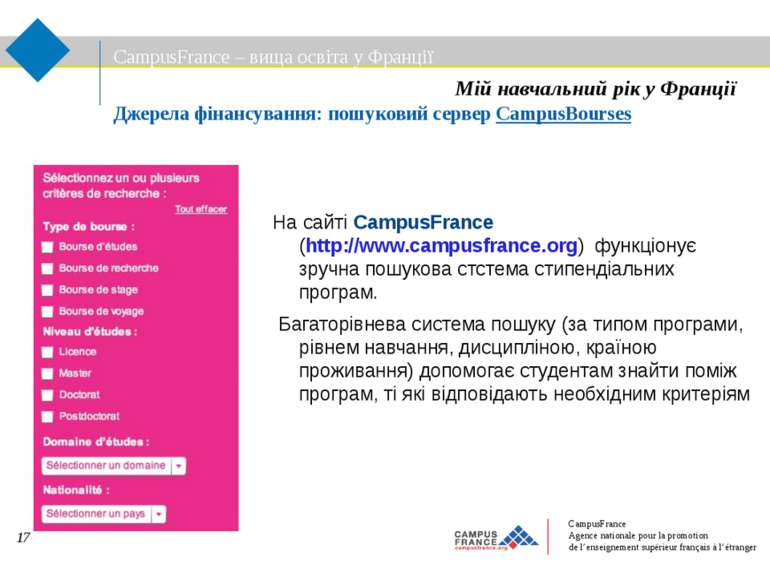 CampusFrance – вища освіта у Франції Джерела фінансування: пошуковий сервер C...