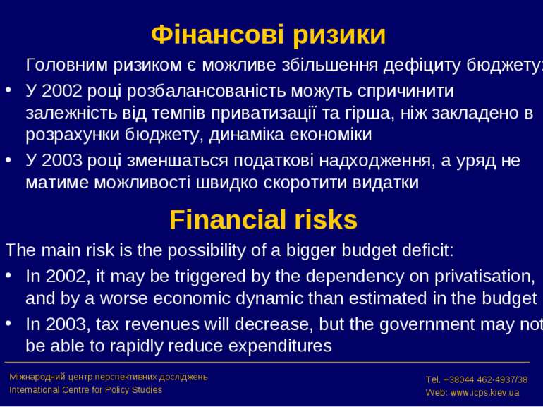 Фінансові ризики Головним ризиком є можливе збільшення дефіциту бюджету: У 20...