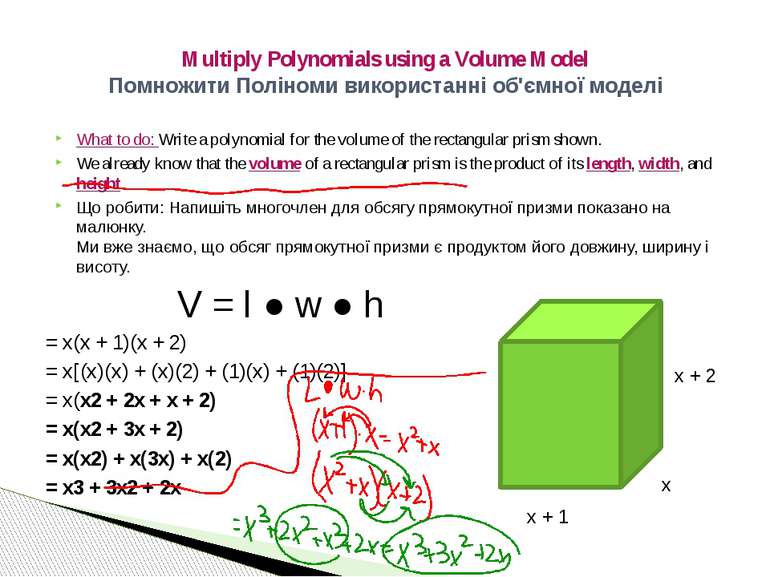 What to do: Write a polynomial for the volume of the rectangular prism shown....