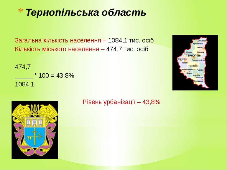 Тернопільська область Загальна кількість населення – 1084,1 тис. осіб Кількіс...