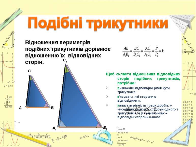 Щоб скласти відношення відповідних сторін подібних трикутників, потрібно: виз...