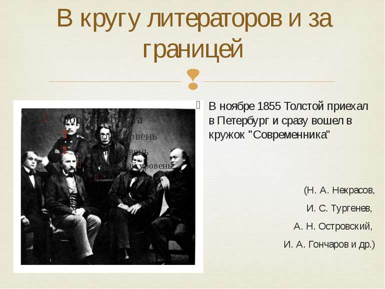 В кругу литераторов и за границей В ноябре 1855 Толстой приехал в Петербург и...