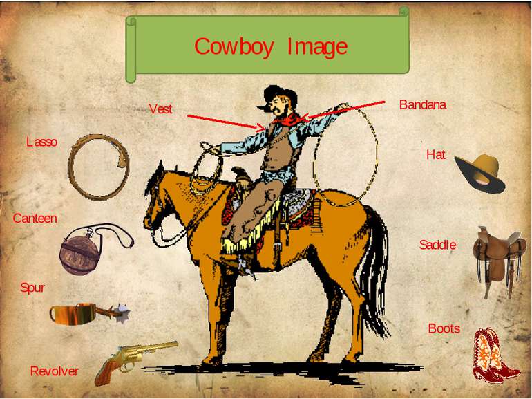 Revolver Spur Boots Lasso Bandana Vest Hat Saddle Canteen Cowboy Image