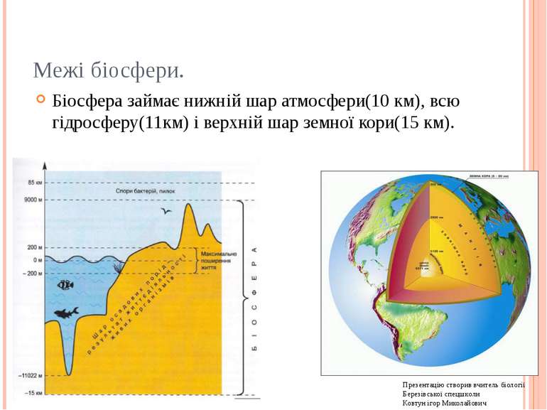 Межі біосфери. Біосфера займає нижній шар атмосфери(10 км), всю гідросферу(11...