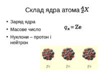 Склад ядра атома Заряд ядра Масове число Нуклони – протон і нейтрон