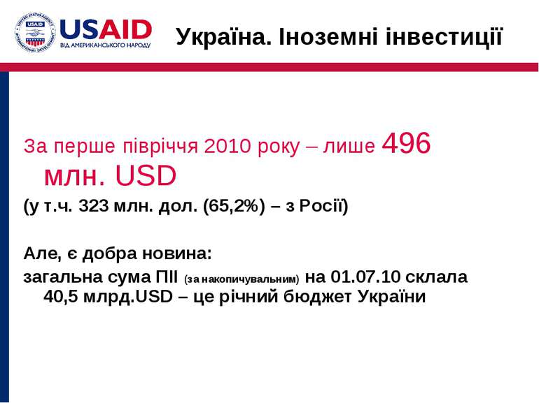 Україна. Іноземні інвестиції За перше півріччя 2010 року – лише 496 млн. USD ...
