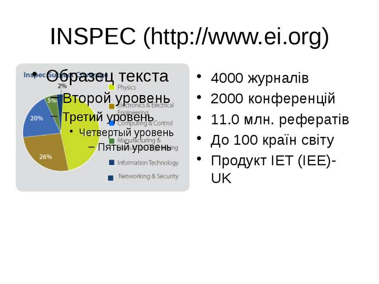 (с) Інформатіо, 2010 INSPEC (http://www.ei.org) 4000 журналів 2000 конференці...