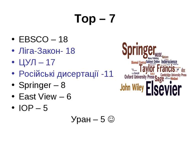 Top – 7 EBSCO – 18 Ліга-Закон- 18 ЦУЛ – 17 Російські дисертації -11 Springer ...