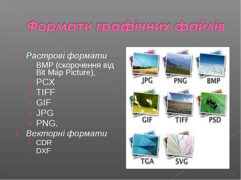 Растровi формати BMP (скорочення вiд Bit Map Picture), PCX TIFF GIF JPG PNG. ...