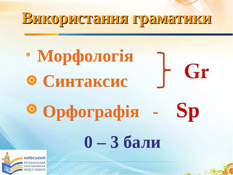 Використання граматики Морфологія Синтаксис Орфографія - Sp 0 – 3 бали