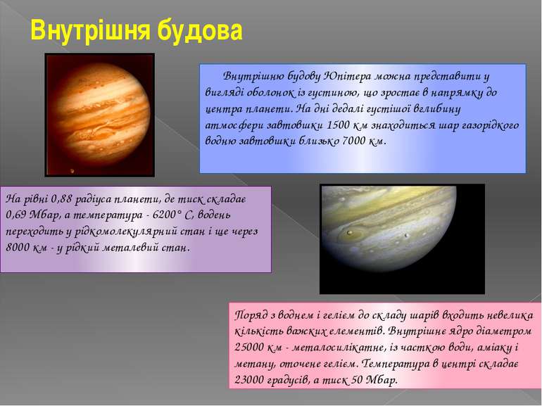 Внутрішня будова Внутрішню будову Юпітера можна представити у вигляді оболоно...