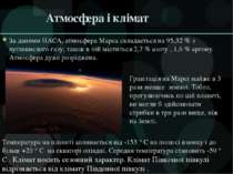 Атмосфера і клімат За даними НАСА, атмосфера Марса складається на 95,32 % з в...