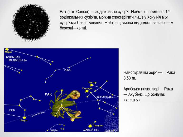 Рак (лат. Cancer) — зодіакальне сузір'я. Найменш помітне з 12 зодіакальних су...