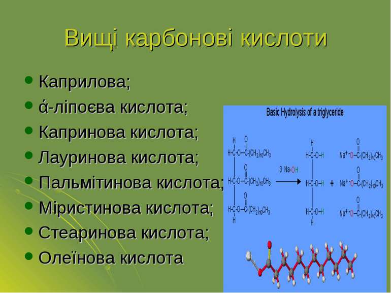 Вищі карбонові кислоти Каприлова; ά-ліпоєва кислота; Капринова кислота; Лаури...